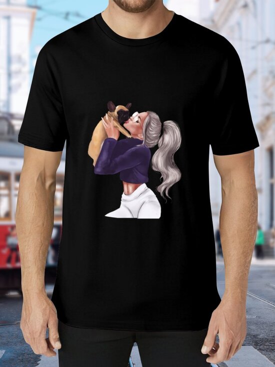 Other - Black Short Sleeve Graphic Tee with Woman & Dog Print